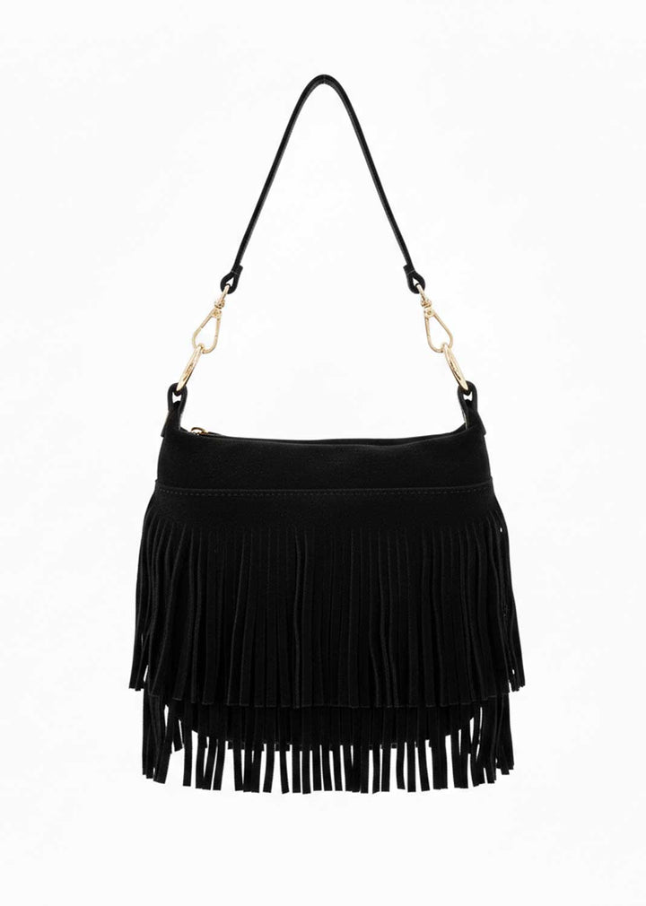 Lainey Suede Fringe Bucket Bag Black