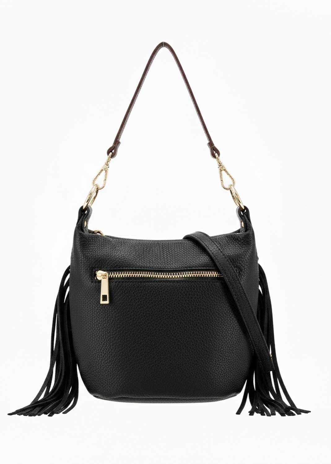 Lainey Suede Fringe Bucket Bag Black