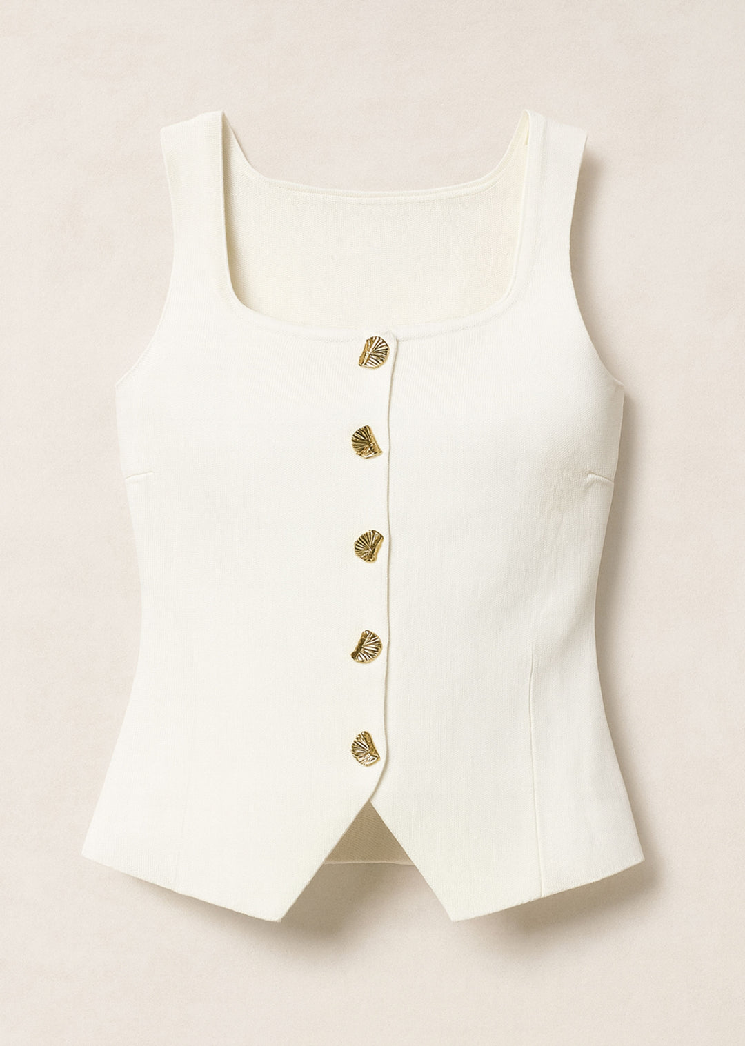 Ivory Knit Waistcoat with Gold Buttons – Sleeveless Tailored Top for Women
