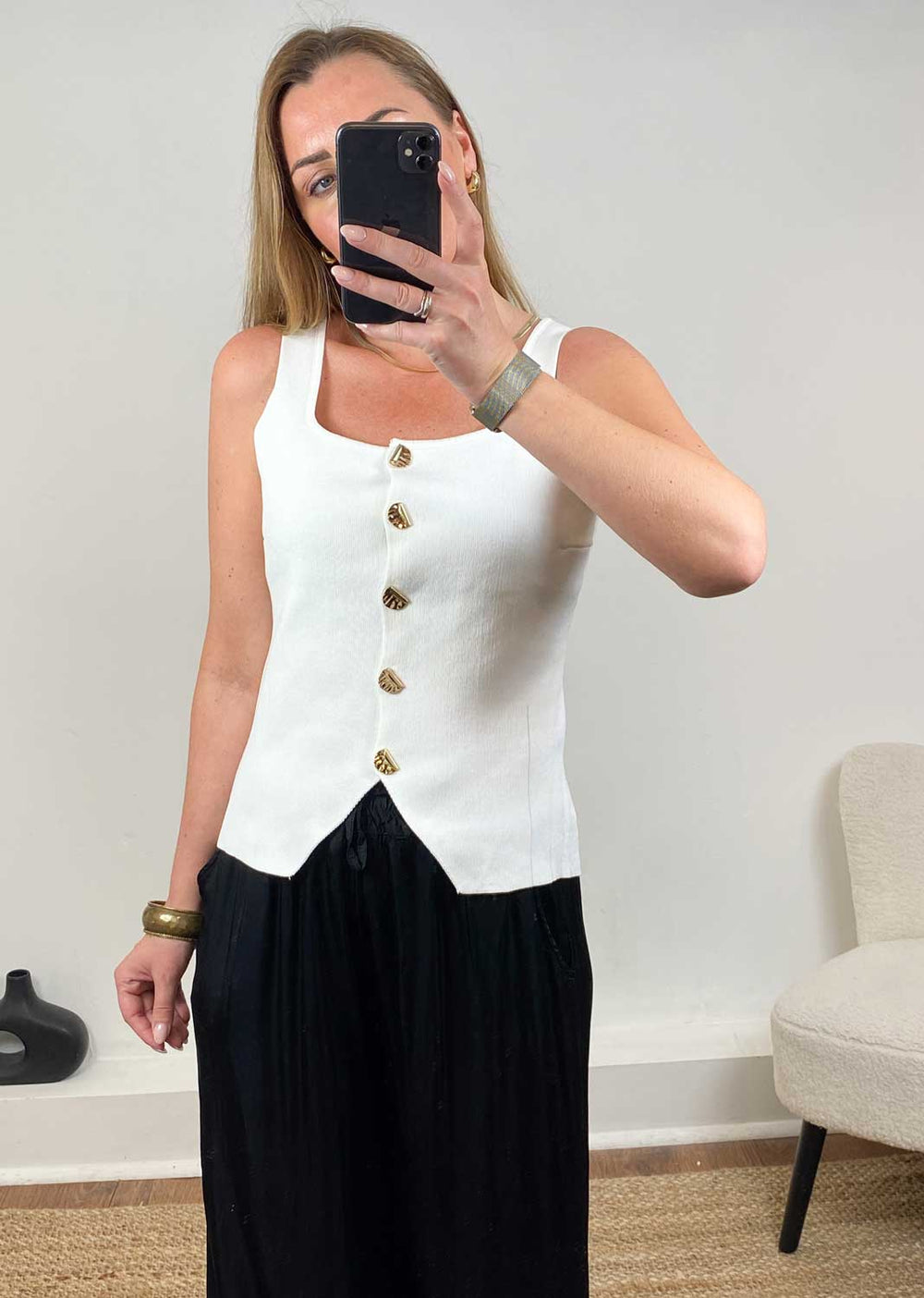 Ivory Knit Waistcoat with Gold Buttons – Sleeveless Tailored Top for Women