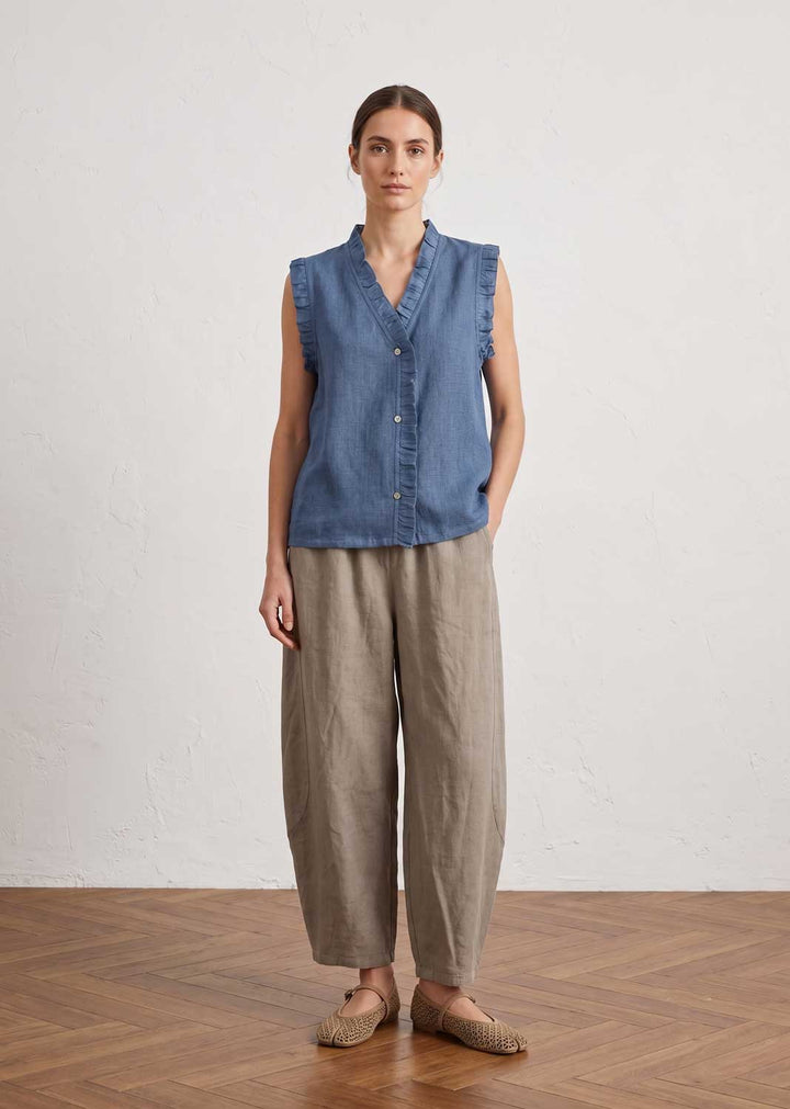 Lina Denim Blue Linen Button Top