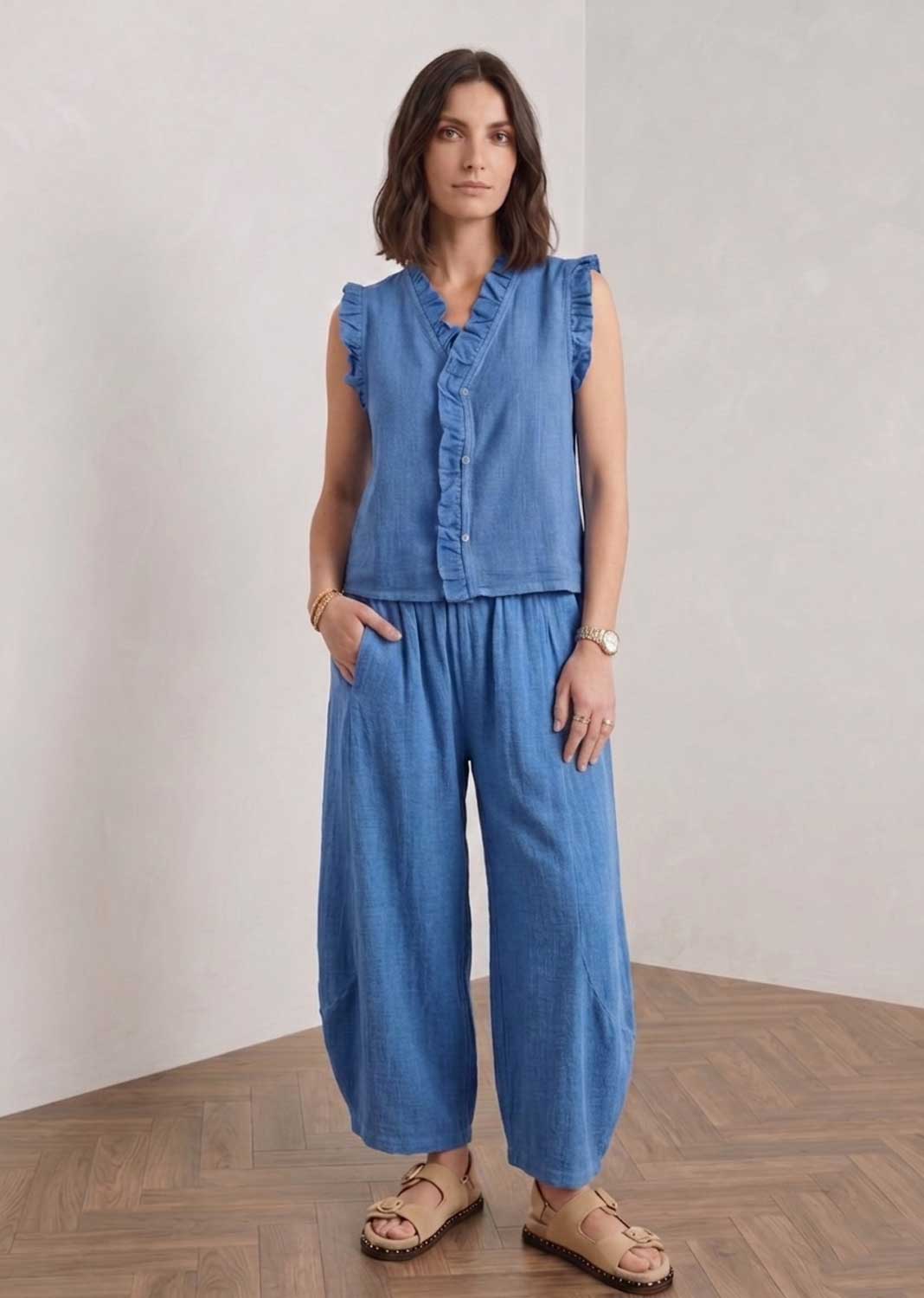 Lina Blue Hopsack Barrel Pants