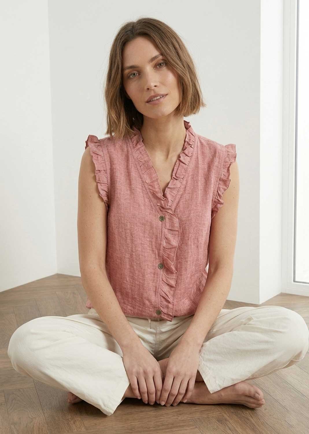 Lina Pink Linen Button Top