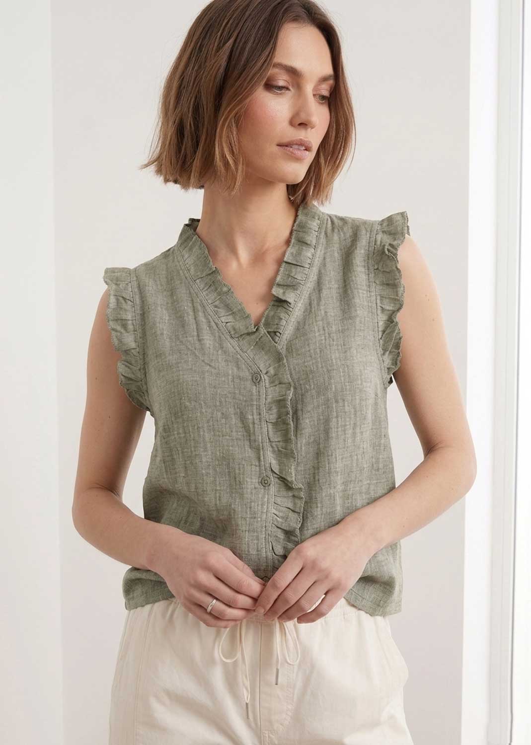 Lina Pistachio Linen Button Top