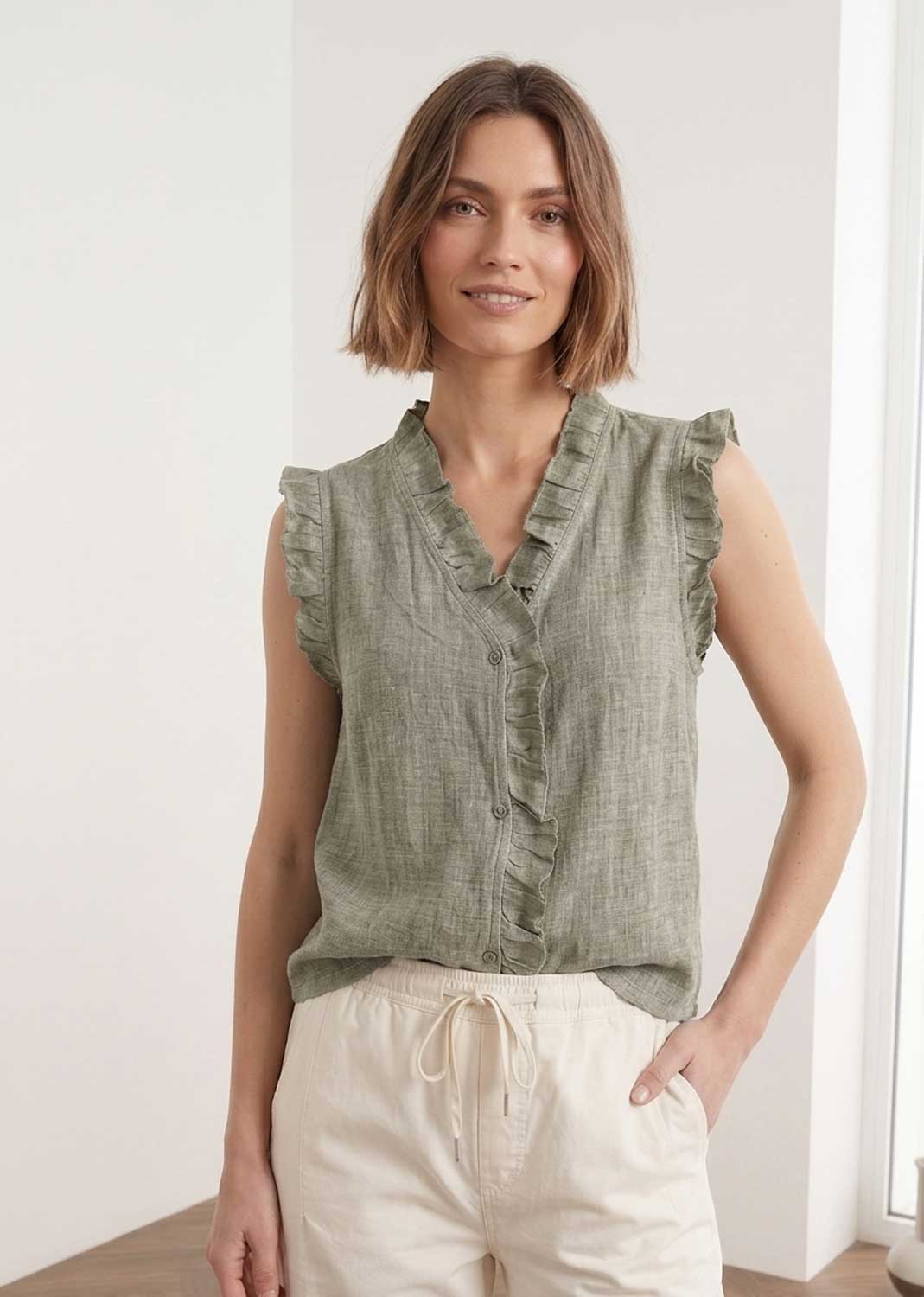 Lina Pistachio Linen Button Top