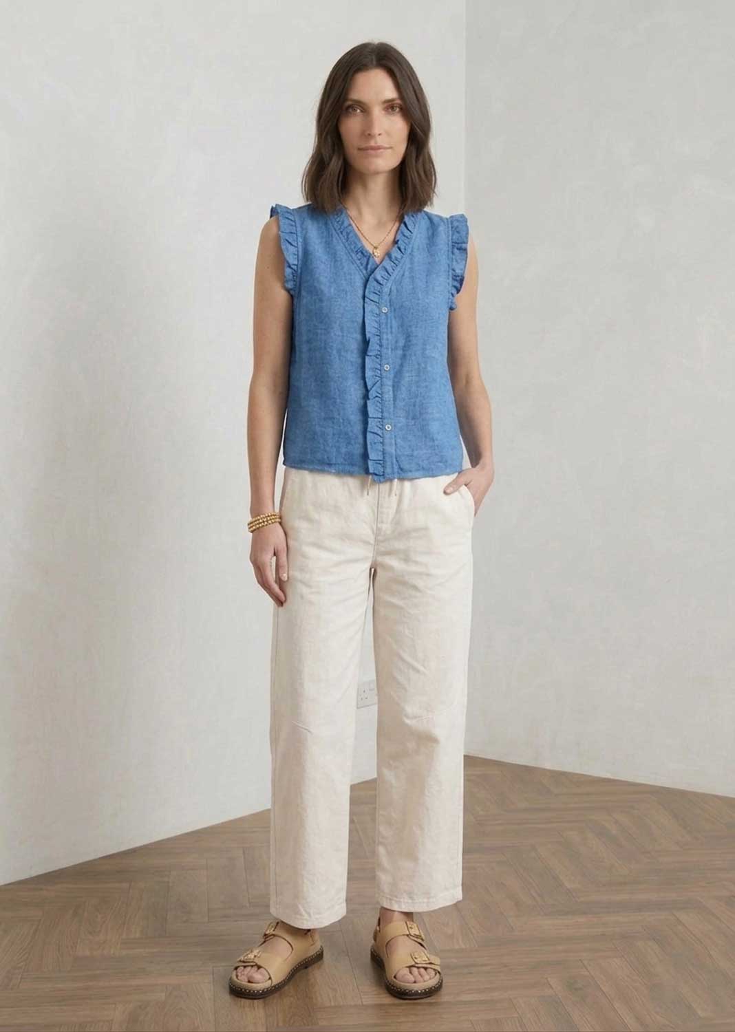 Lina Blue Linen Button Top