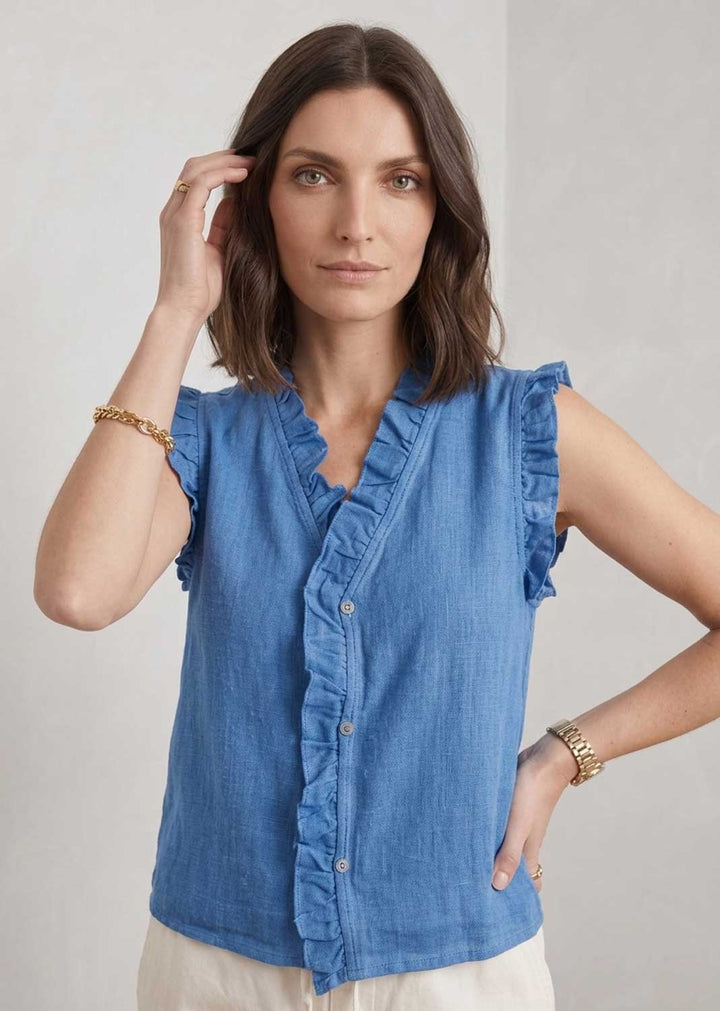 Lina Blue Linen Button Top