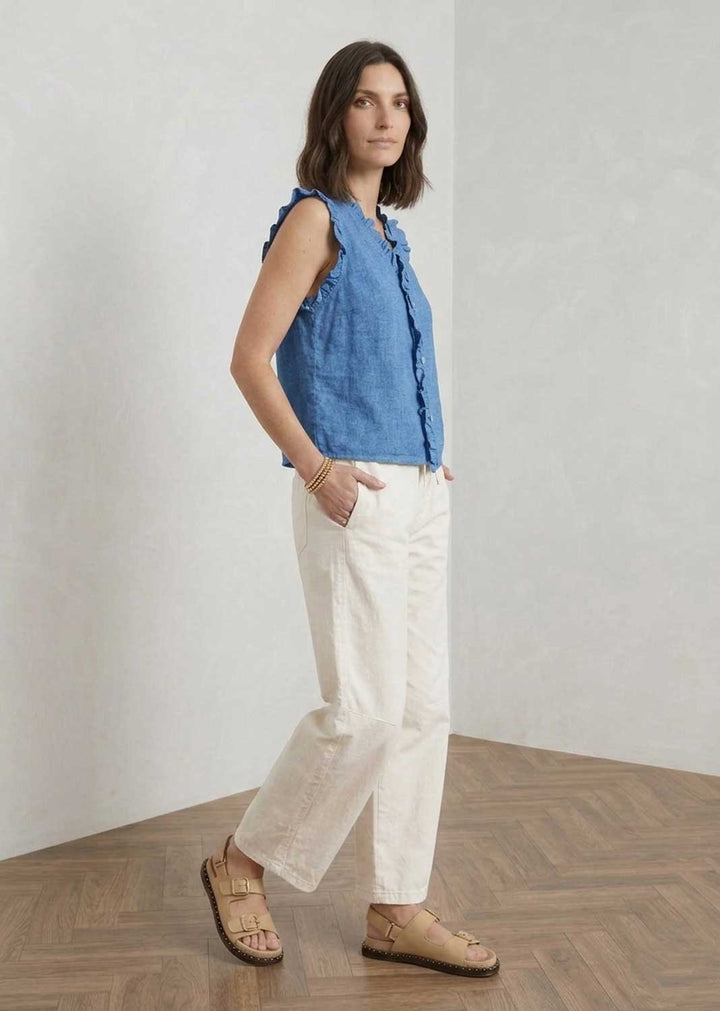 Lina Blue Linen Button Top