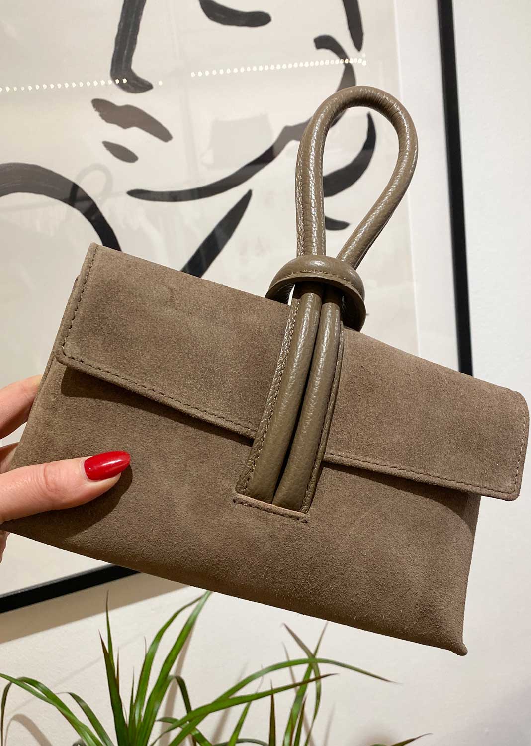 Suede Taupe Loop Handle Bag
