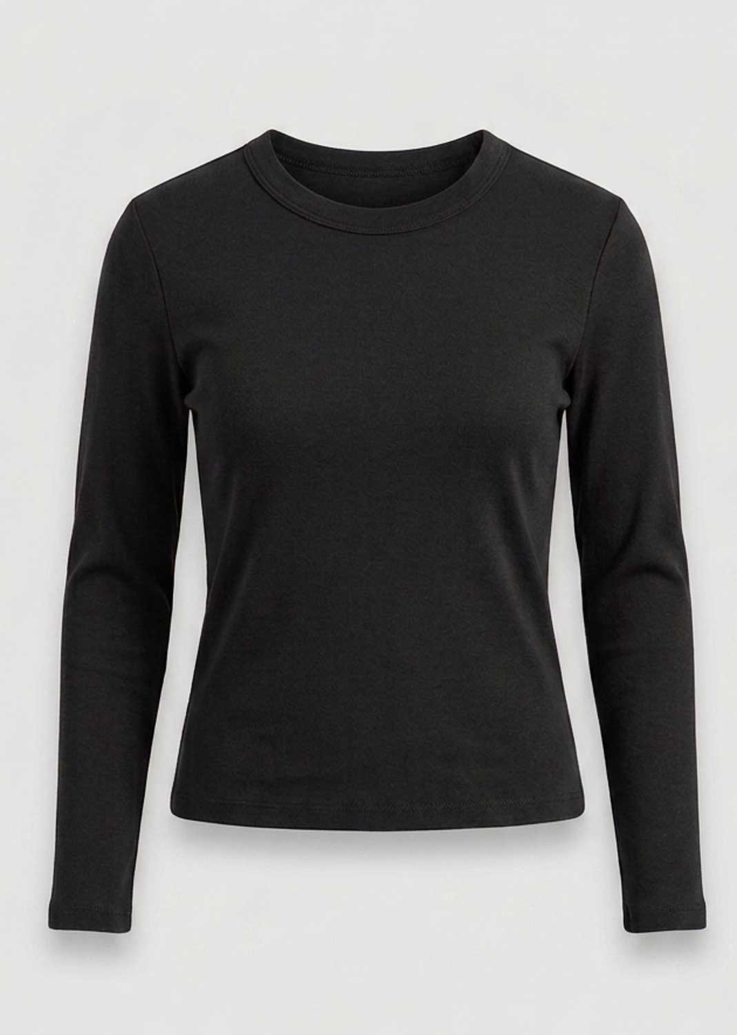 A black long-sleeve crewneck top displayed on a neutral light gray background.