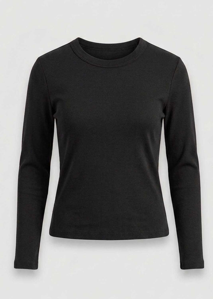 A black long-sleeve crewneck top displayed on a neutral light gray background.