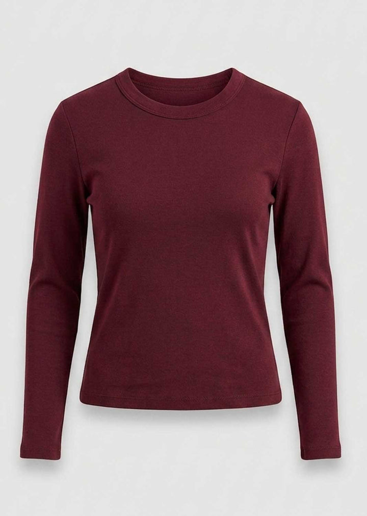 A long-sleeve crewneck top in a deep burgundy color, displayed on a clean, light gray background.