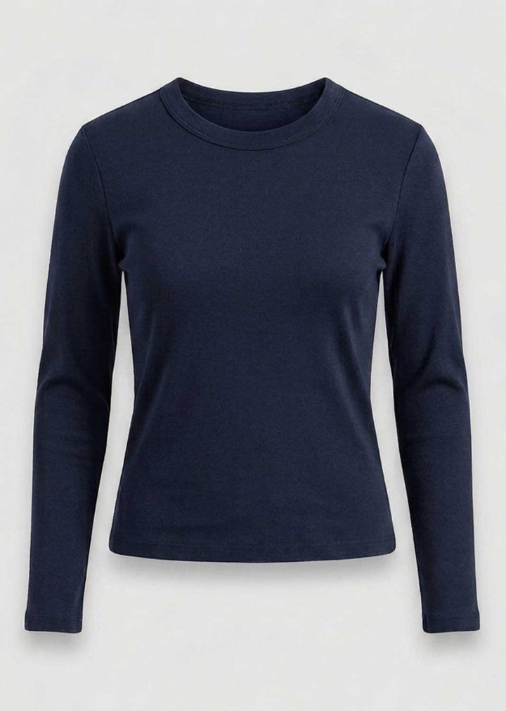 A dark navy blue long-sleeve crewneck top, shown on a light gray background.