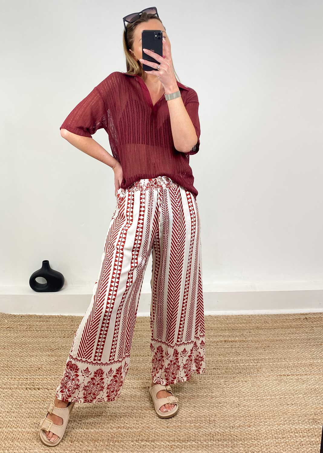 Cailey Knitted Polo Top  Burgundy