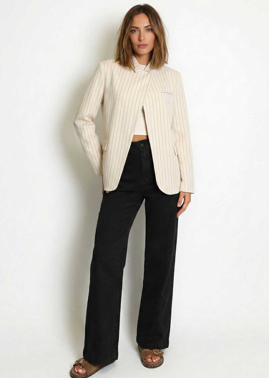 Lucca Pinstripe High Neck Blazer Cream