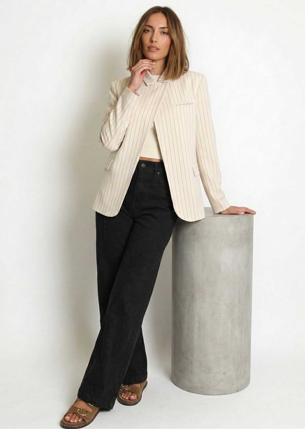 Lucca Pinstripe High Neck Blazer Cream