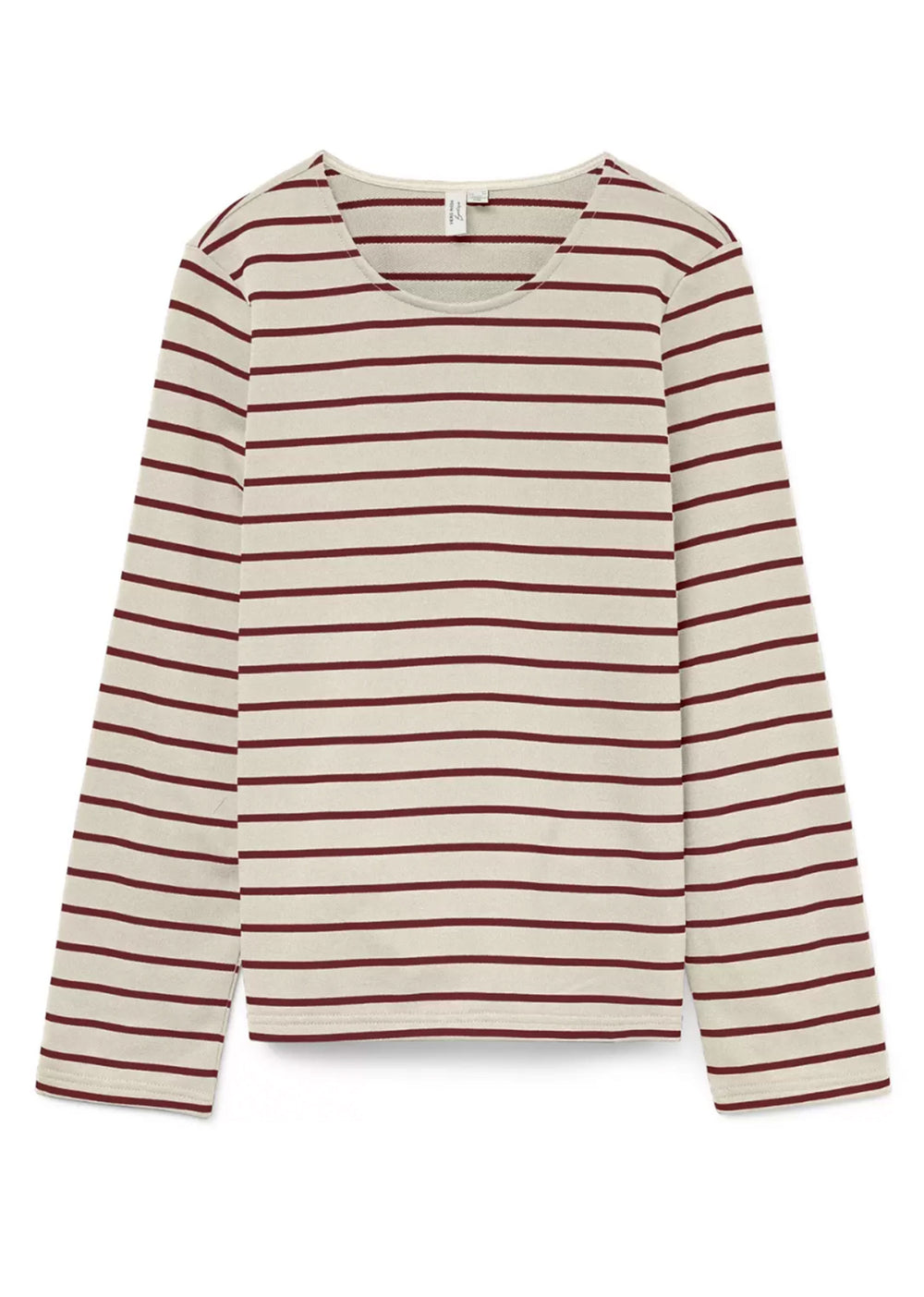 Striped long-sleeve shirt with cream and burgundy horizontal stripes on a white background