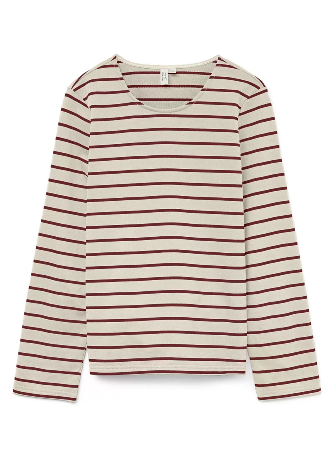 Striped long-sleeve shirt with cream and burgundy horizontal stripes on a white background