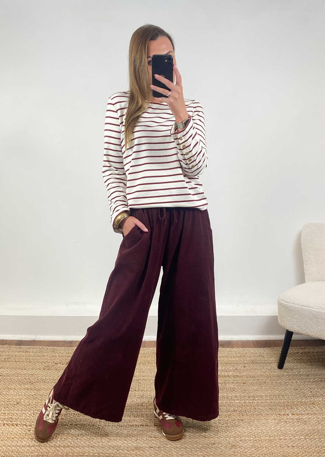 Wide leg cord pants and cream top
