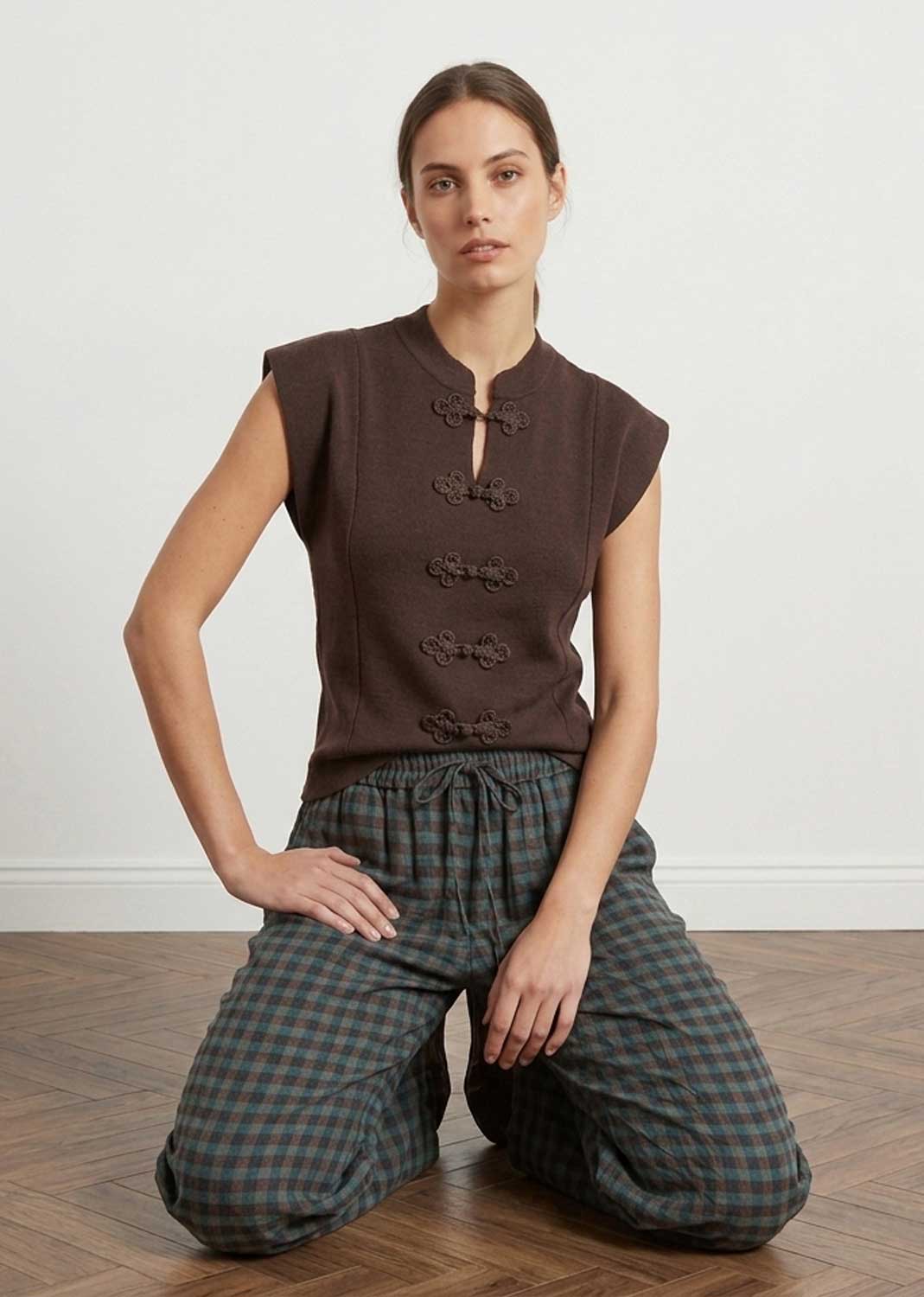 Lulu Chocolate Military Knot Button Top