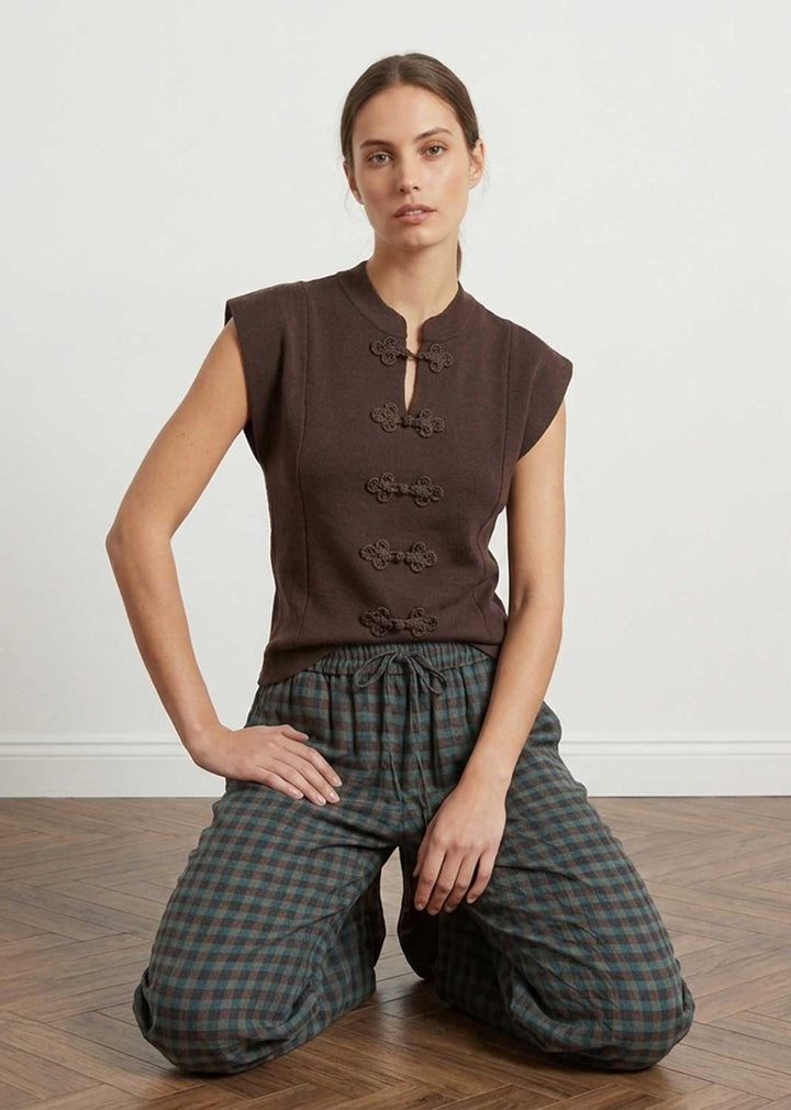 Lulu Chocolate Military Knot Button Top