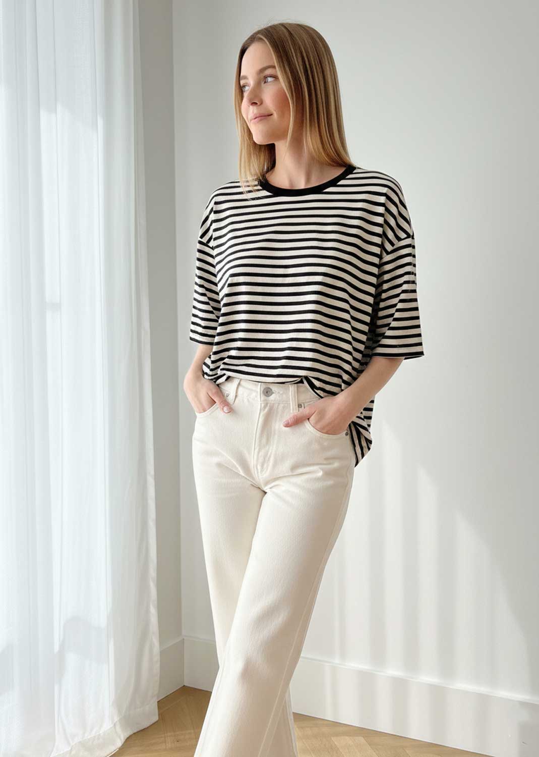 breton stripe boxy tee black cream
