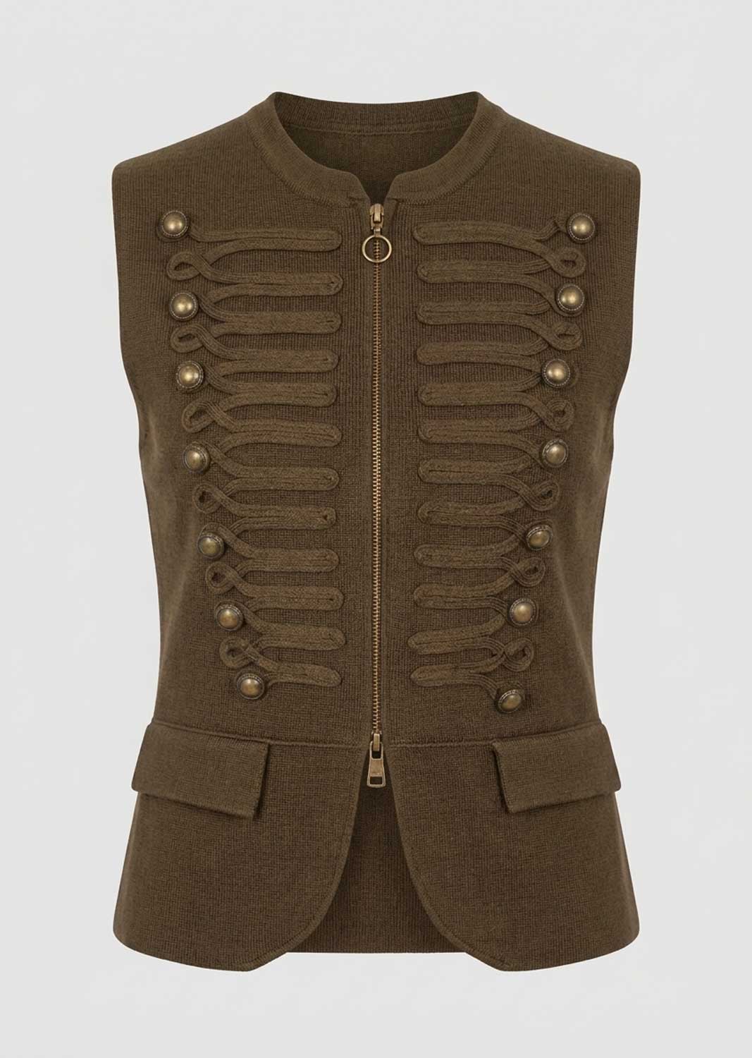 An olive brown military-style vest with a front zipper, decorative ribbed panels, and gold-tone buttons, shown against a light gray background.