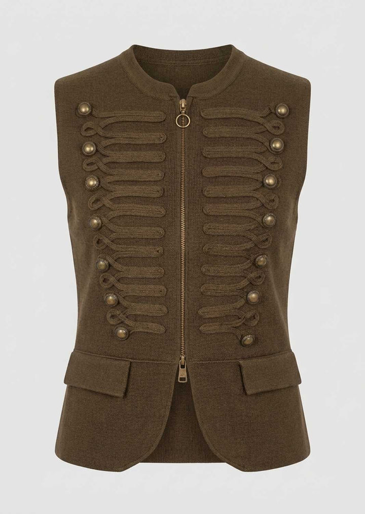 An olive brown military-style vest with a front zipper, decorative ribbed panels, and gold-tone buttons, shown against a light gray background.