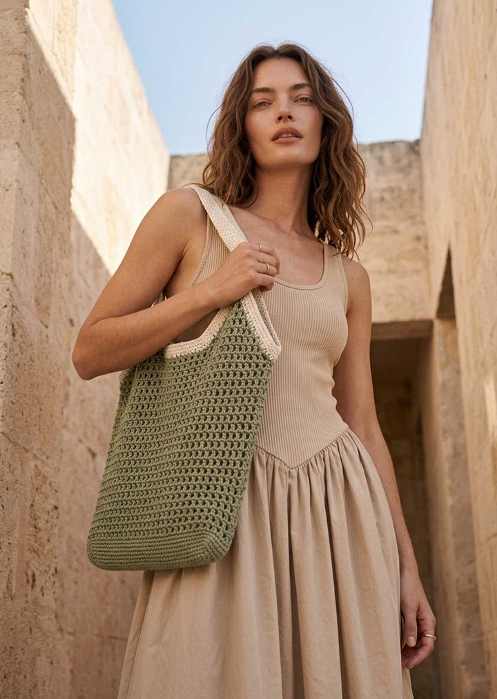 khaki woven crochet shoulder bag