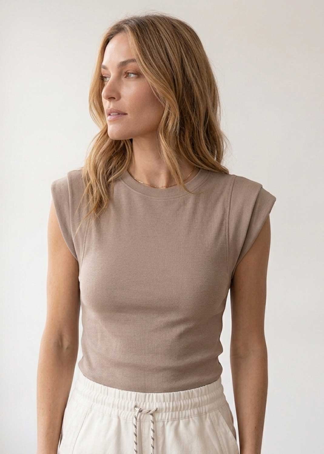 Amelia Taupe Extended Shoulder Tshirt