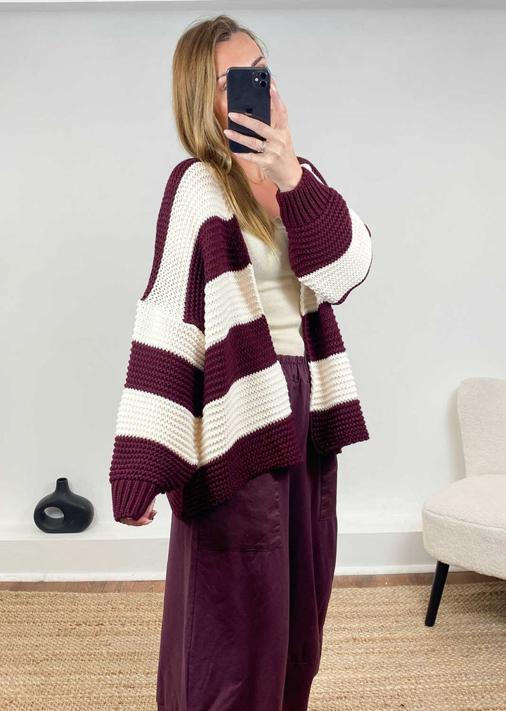 Odette Stripe Cardigan  Burgundy