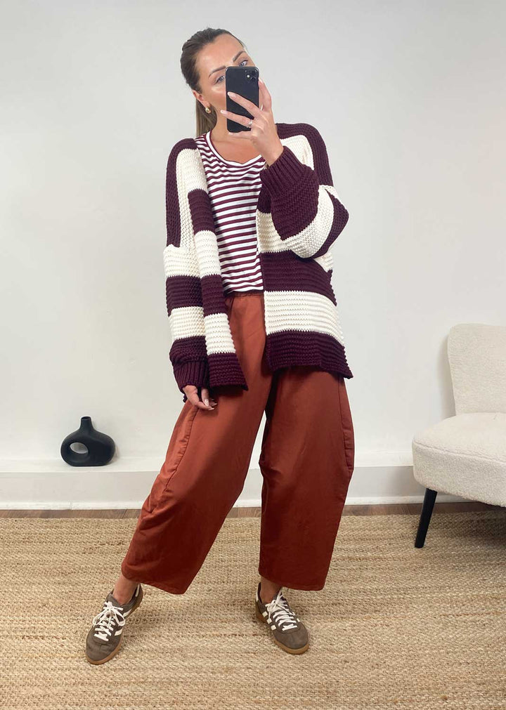 Odette Stripe Cardigan  Burgundy