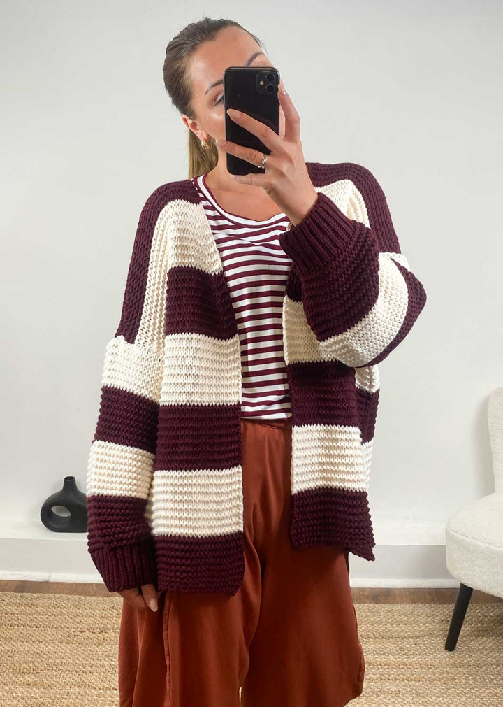 Odette Stripe Cardigan  Burgundy