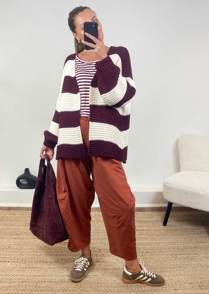 Odette Stripe Cardigan  Burgundy