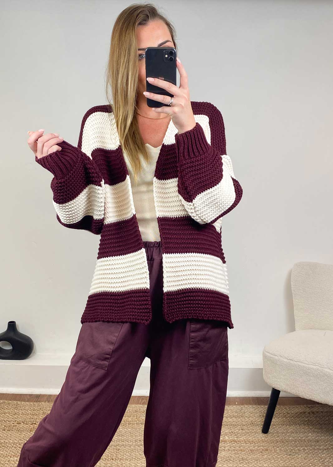 Odette Stripe Cardigan  Burgundy