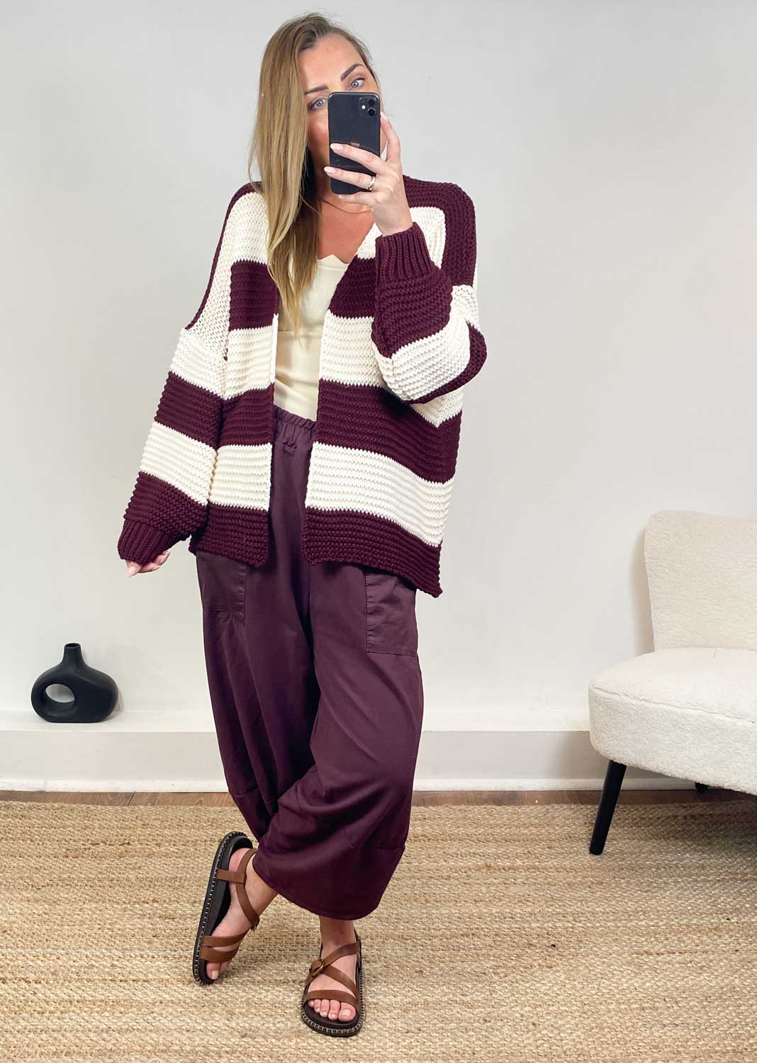 Odette Stripe Cardigan  Burgundy