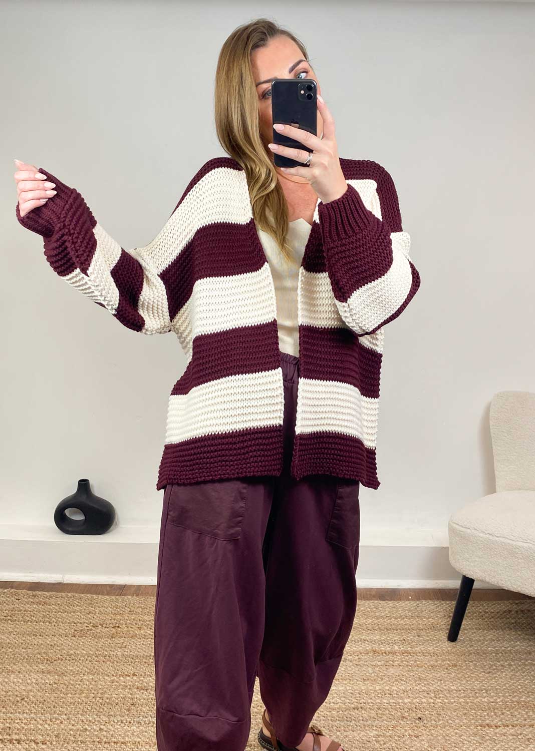 Odette Stripe Cardigan  Burgundy