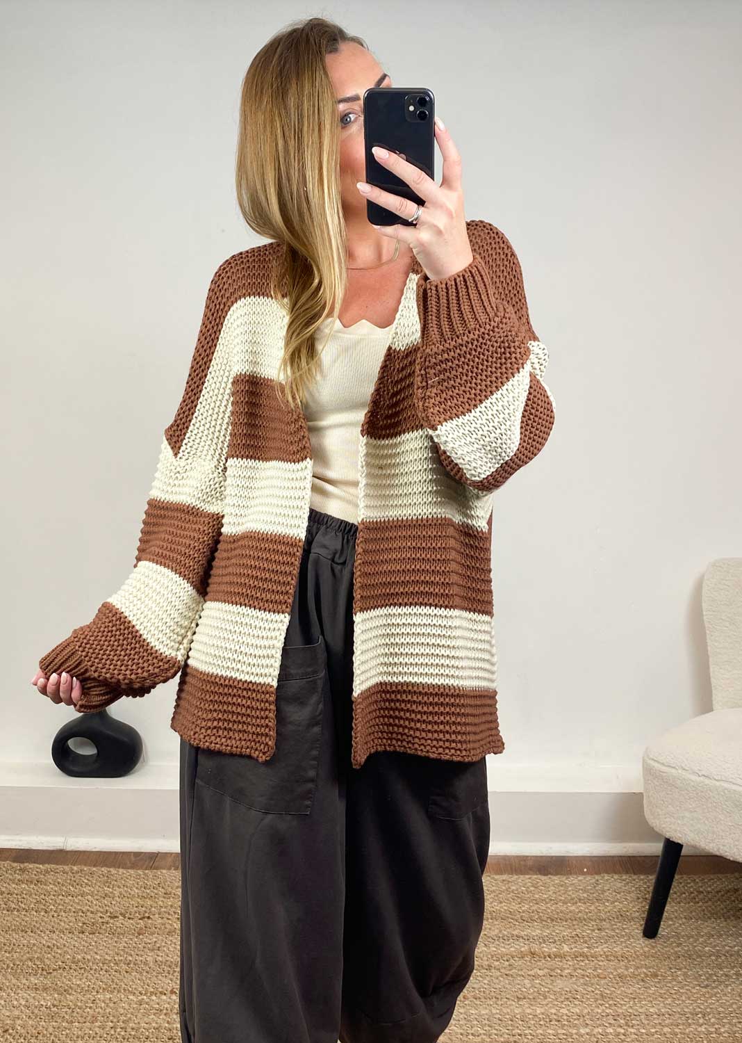 Odette Stripe Cardigan  Cream Brown