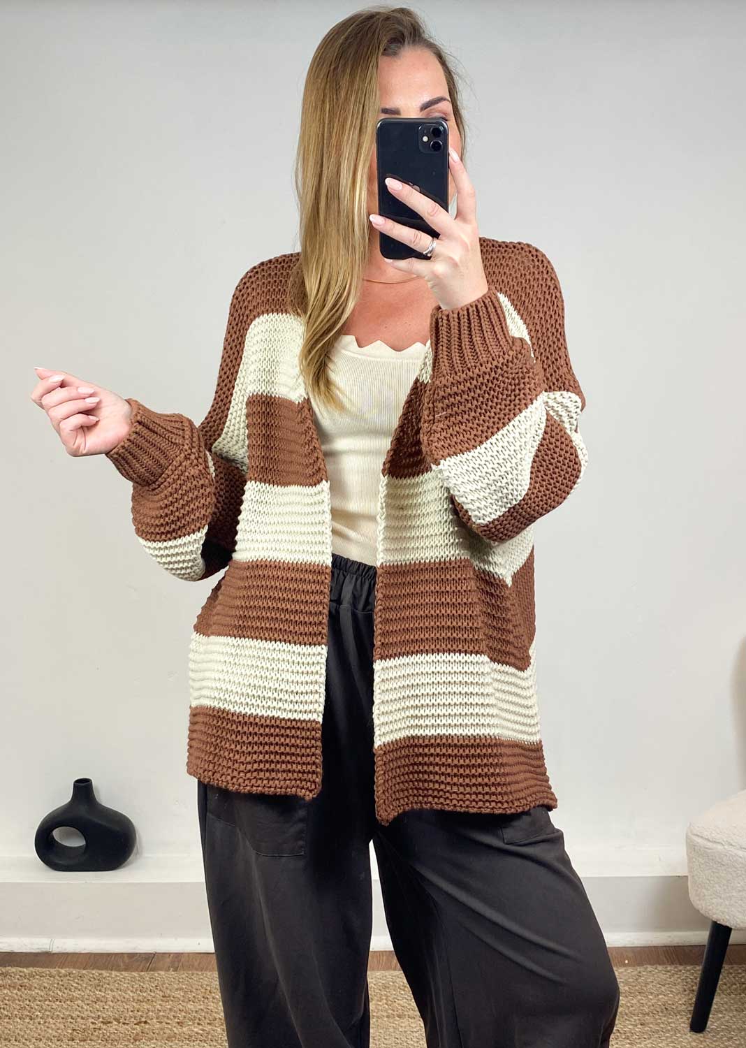 Odette Stripe Cardigan  Cream Brown