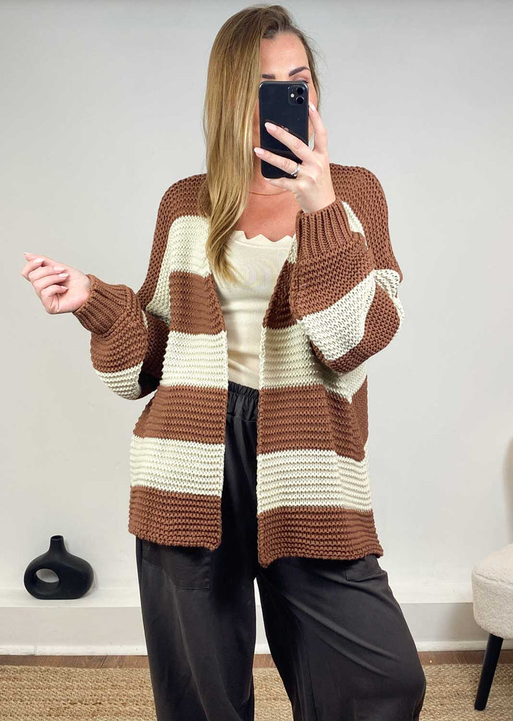 Odette Stripe Cardigan  Cream Brown