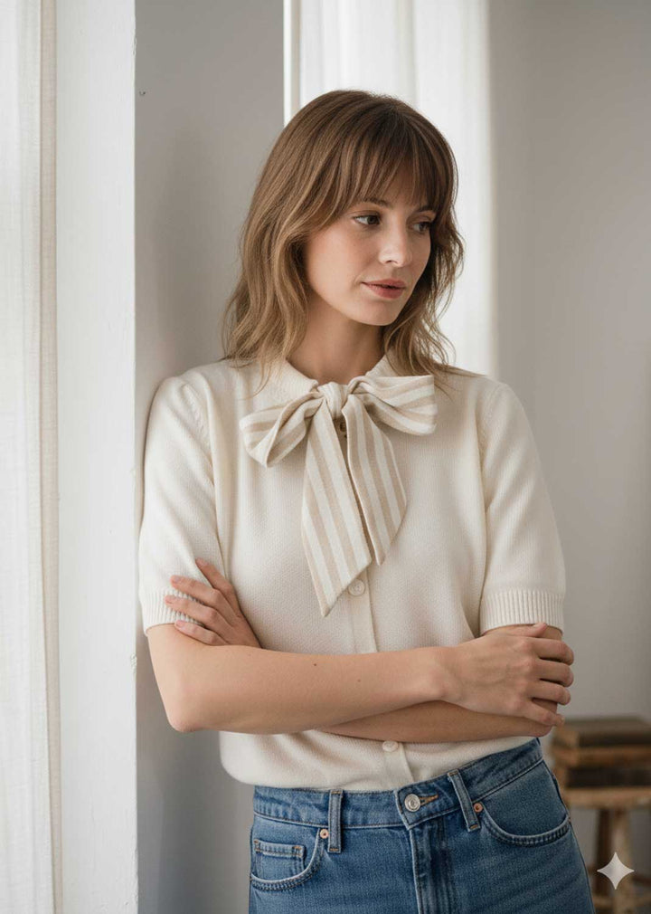 Ottilie Tie Neck Cardigan Cream