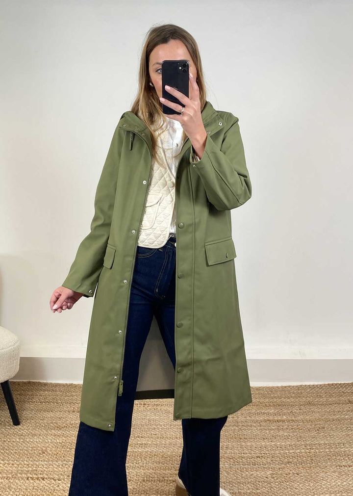 Malou Long Raincoat in Olive Green