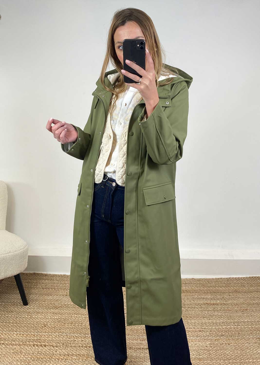 Malou Long Raincoat in Olive Green