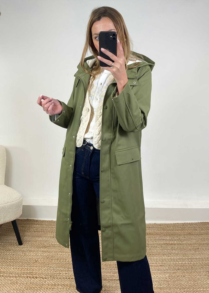 Malou Long Raincoat in Olive Green