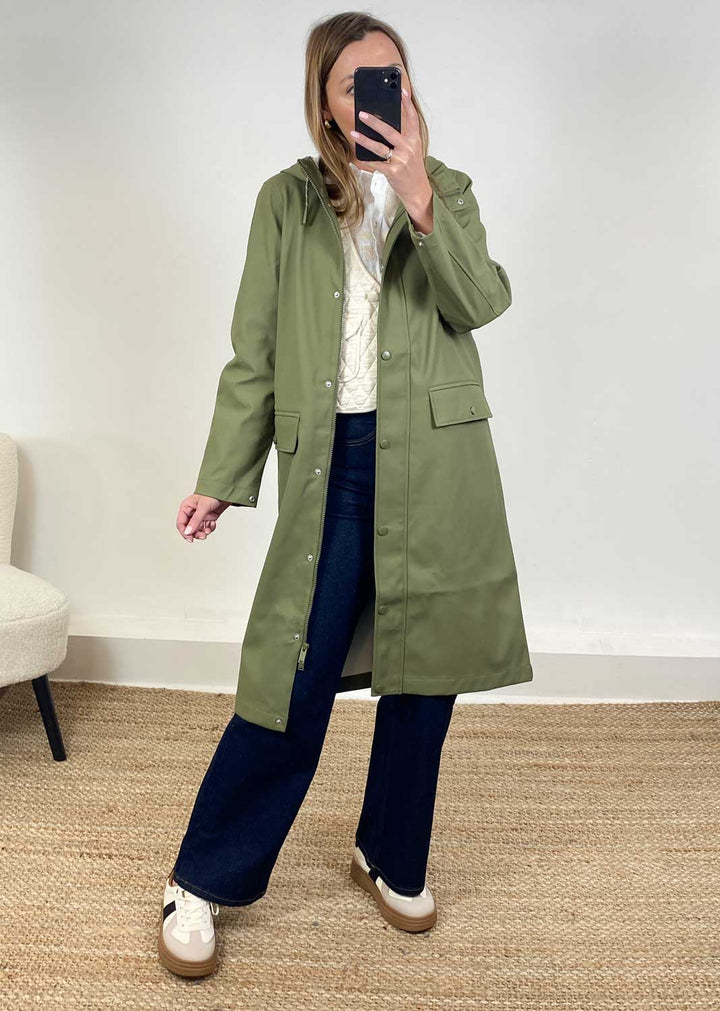 Malou Long Raincoat in Olive Green