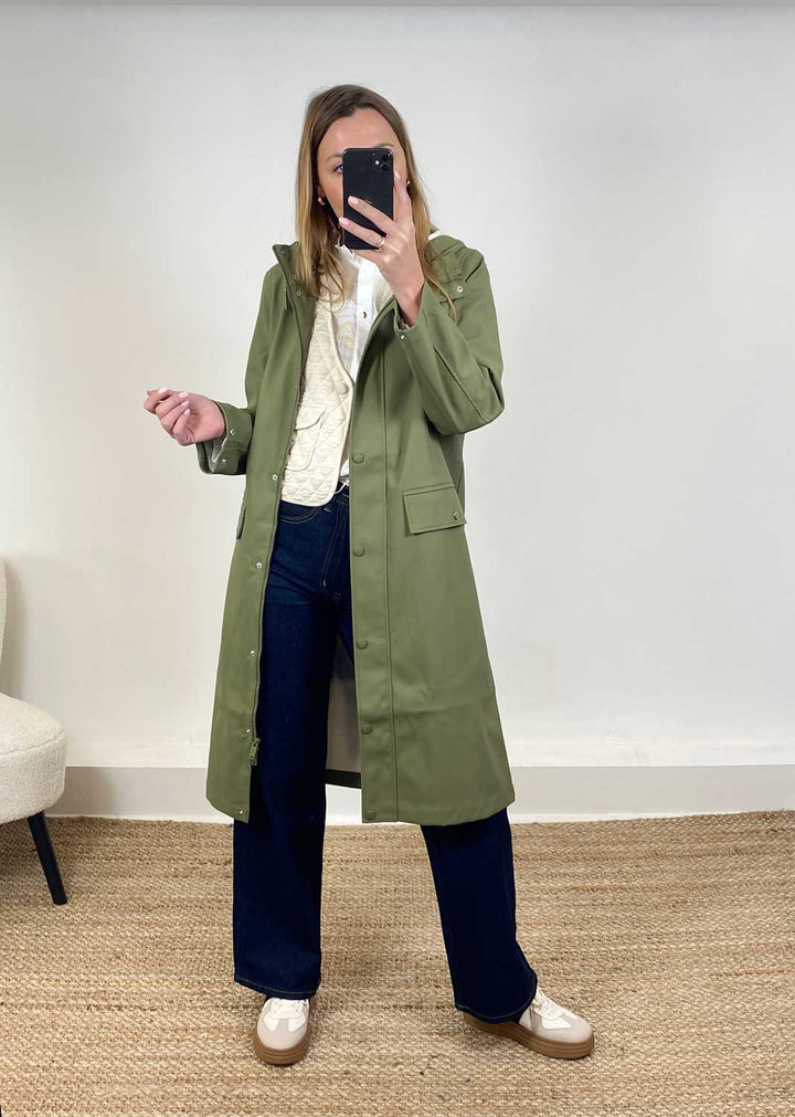 Malou Long Raincoat in Olive Green