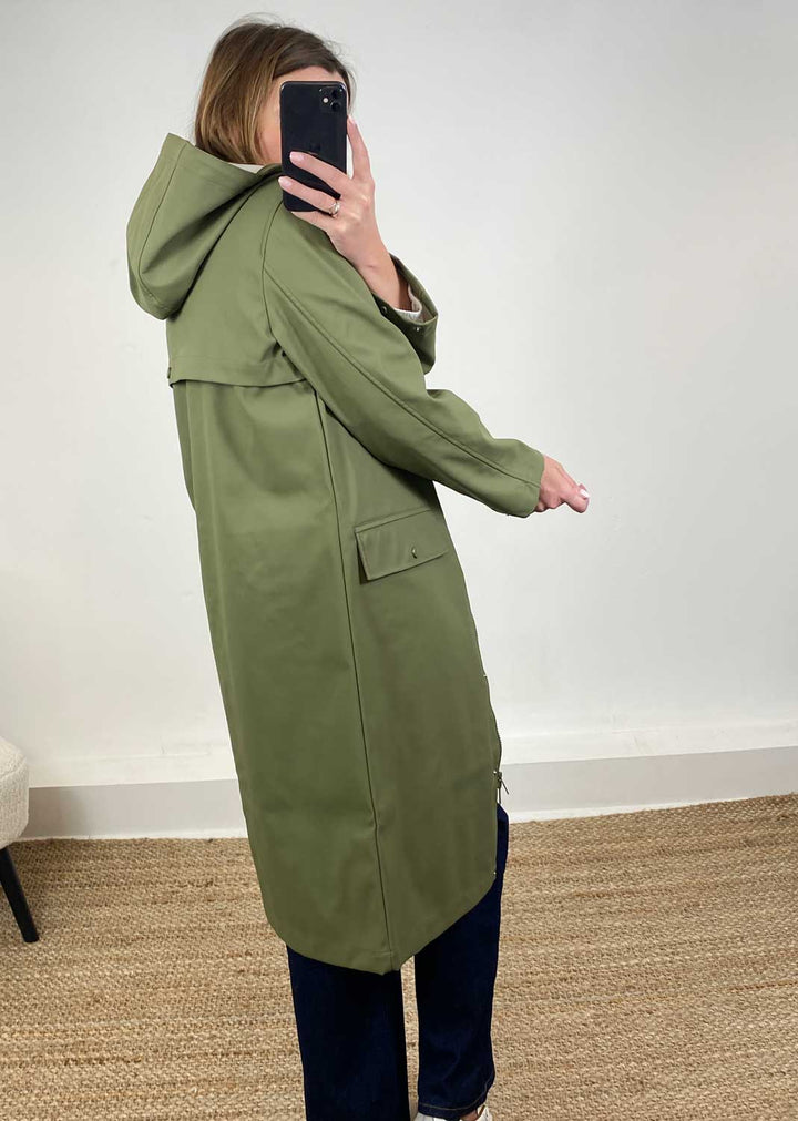 Malou Long Raincoat in Olive Green