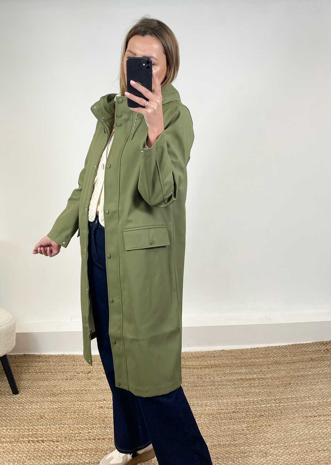 Malou Long Raincoat in Olive Green