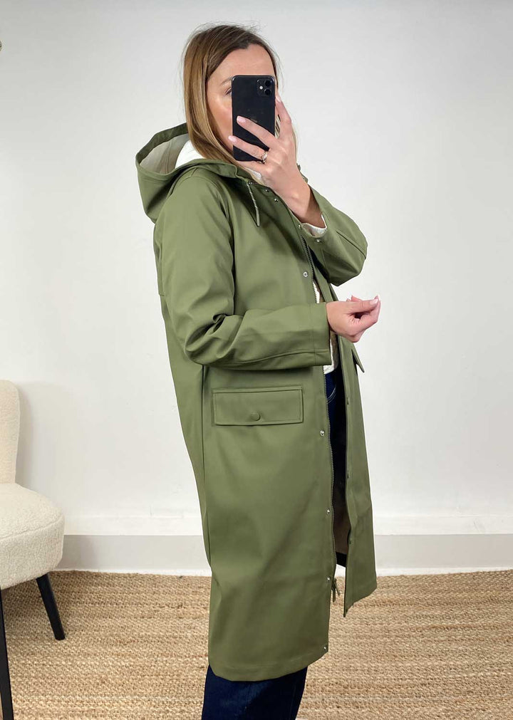 Malou Long Raincoat in Olive Green