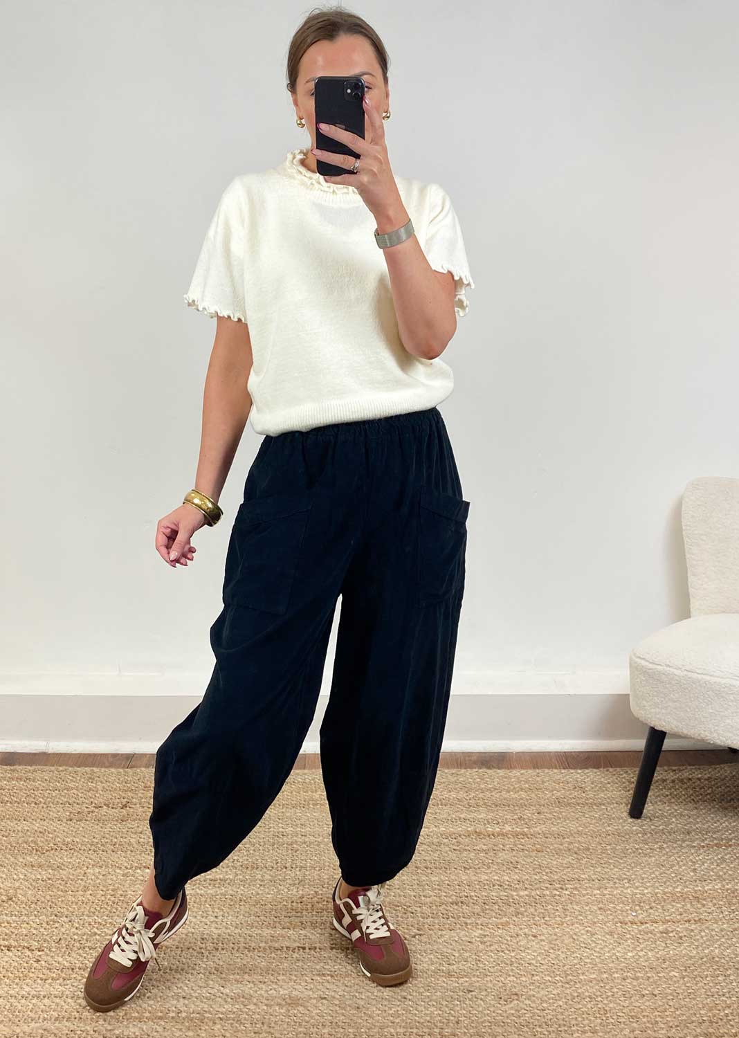 Cord Barrel Pants Black